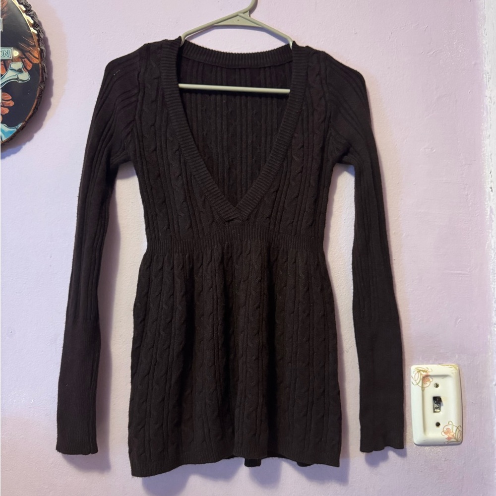 Y2K Babydoll style Chocolate Brown V-Neck Knit Sweater